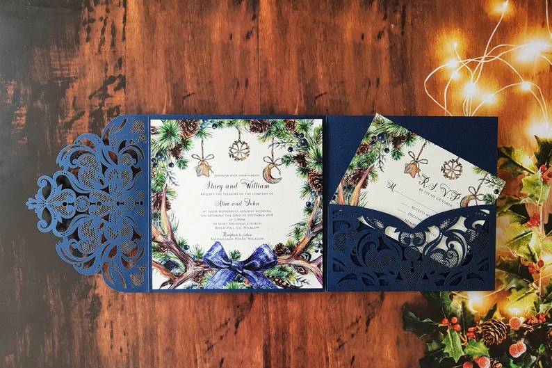 A classic lacy design with a romantic wintery invitation inside.