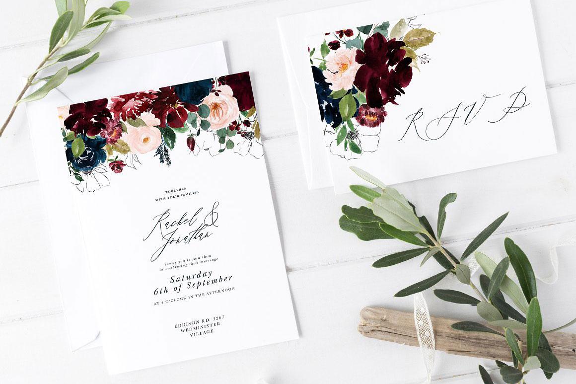 image of a wedding invitation and an rsvp card with a similar floral design in deep reds, blush hues, and greens
