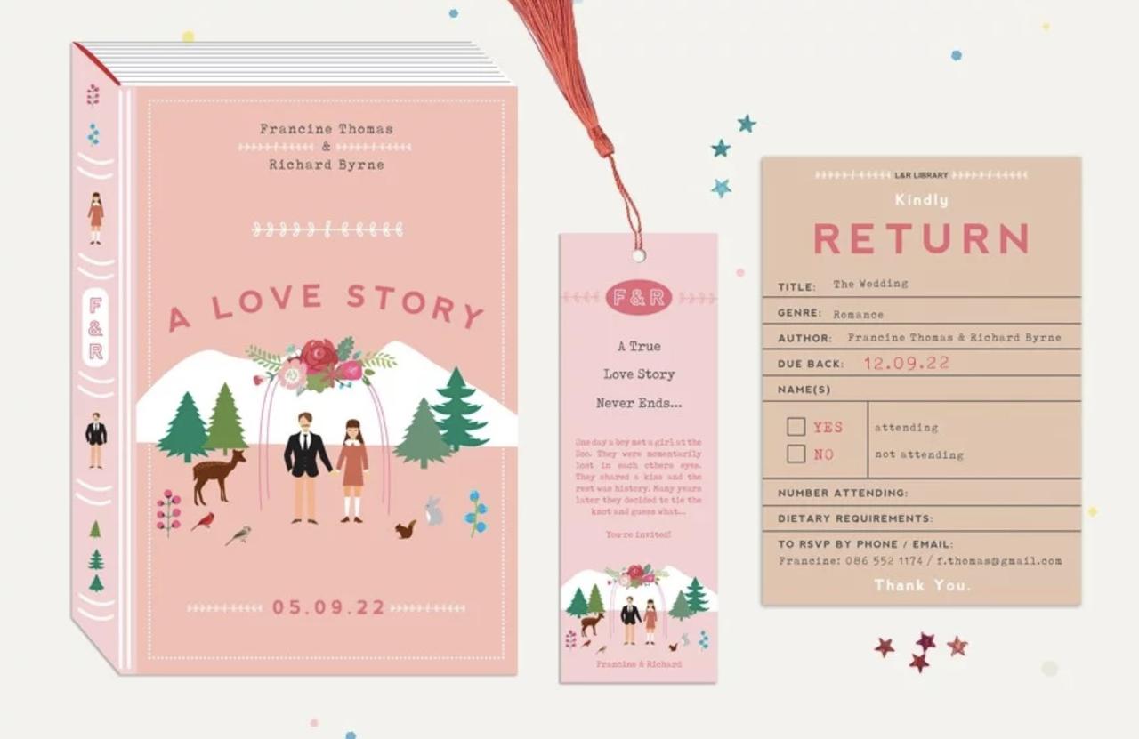 Image of a story book-themed wedding stationery suite including a book-shaped invitation, a bookmark, and an RSVP card