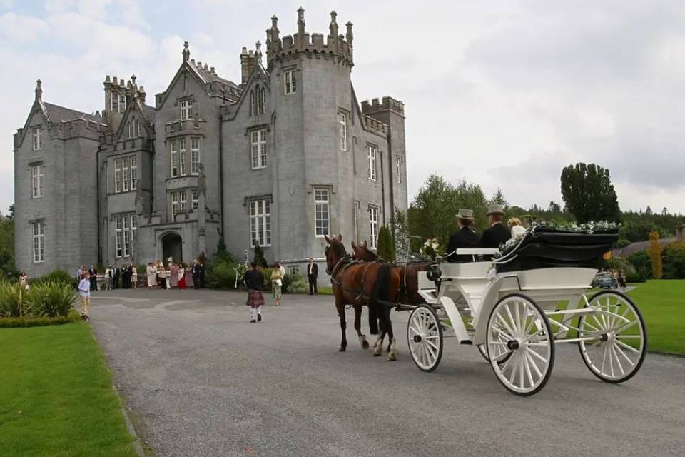 A couple dressed in their wedding garments sitting in a white carriage going down the lane to the castle entrance