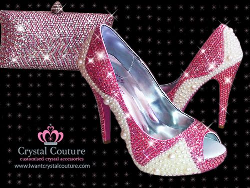 Crystal Pink Peep Toe & Clutch, Crystal Couture