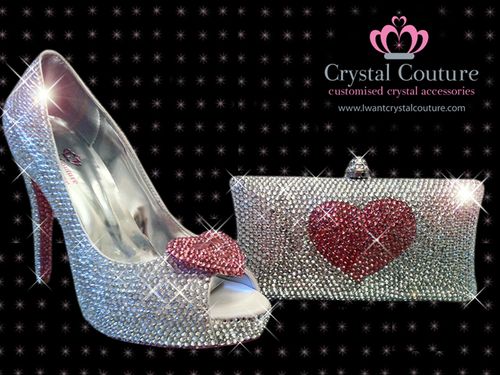 Crystal Heart Peep Toe & Clutch Silver, Crystal Couture