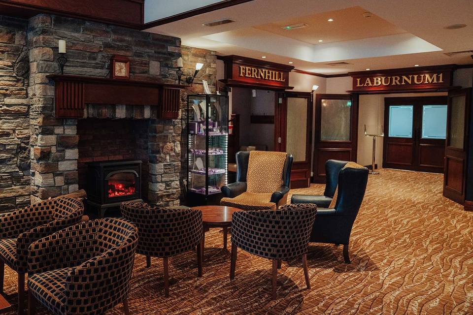 Large stone fireplace in the lobby