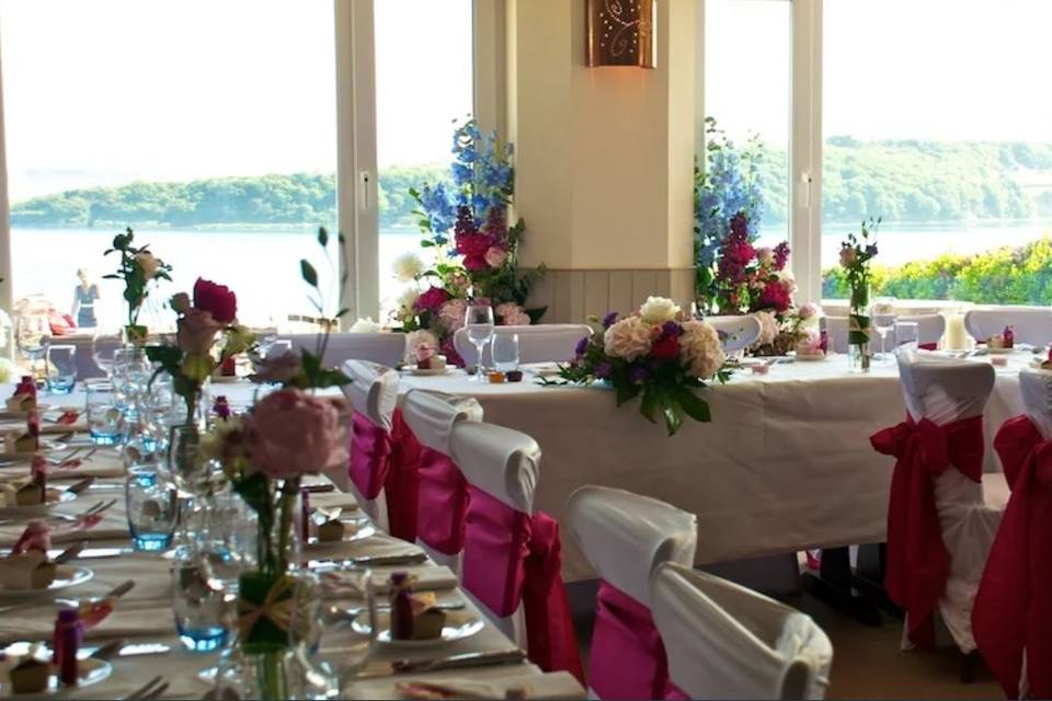 Wedding reception setup with scenic views