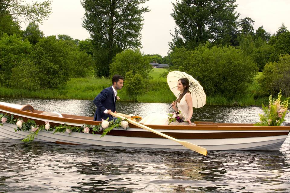 Our wedding boat out on the lake