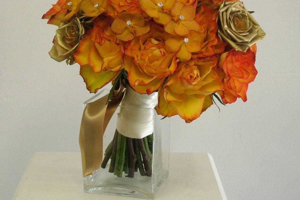 Stunning bouquet in shades of brilliant organge & gold roses with Swarovski crystals