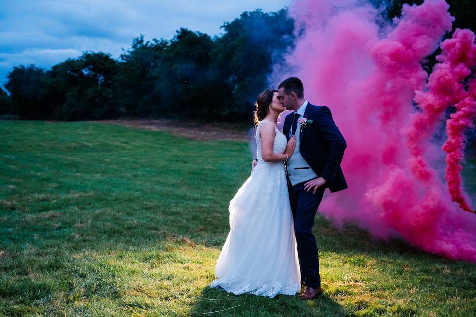 Countryside wedding smoke bomb